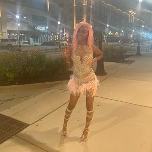 Custom pink and silver feathered birthday dress